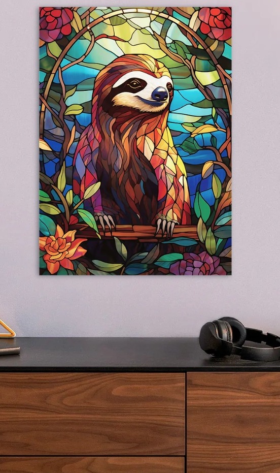 Stained Glass Sloth in Floral Frame — metal poster wall art by Lineer
